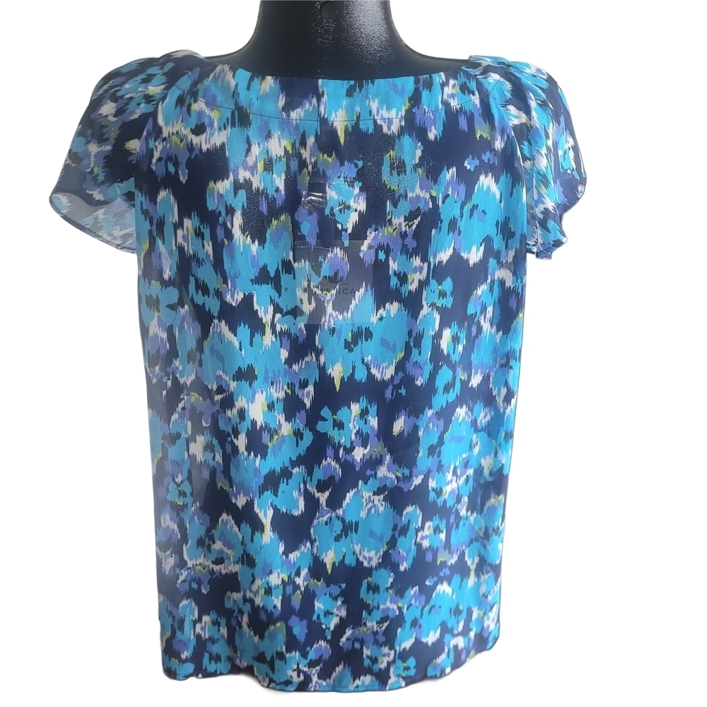 Jessica Blue Patterned Short Ruffled Sleeve Top Size LP - Picture 6 of 7